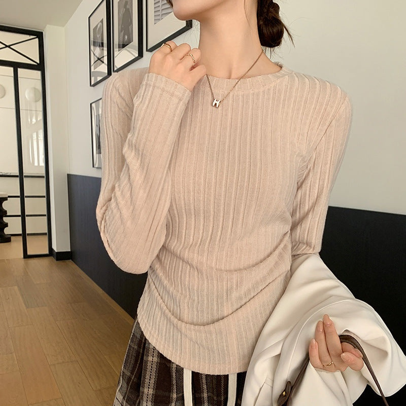 Beige Full Sleeve Crew Neck Fitted Top