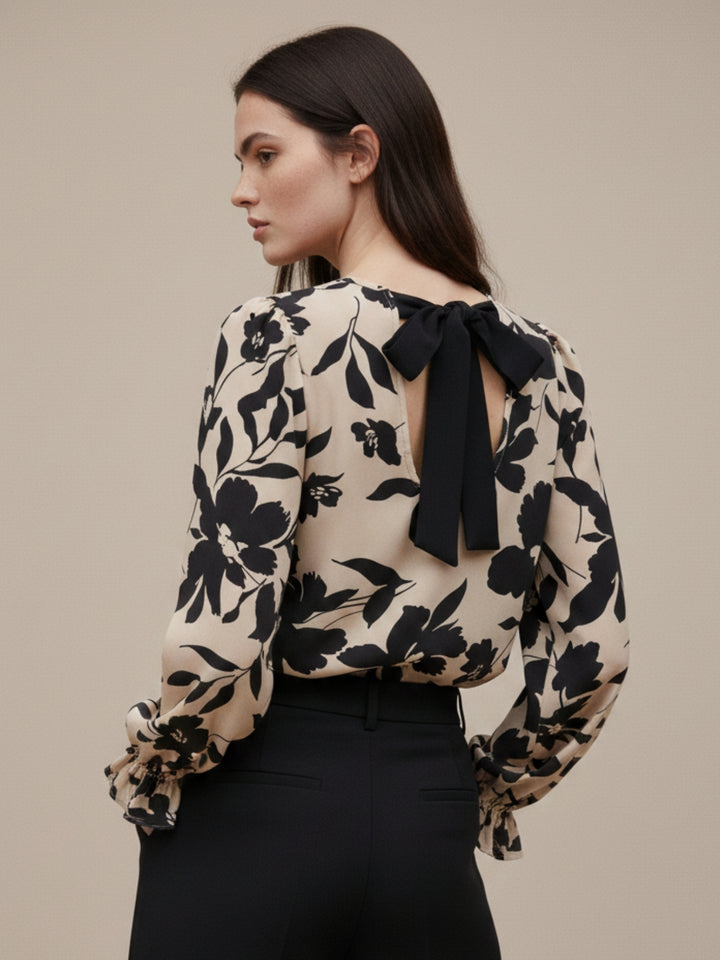 Beige Back Bow Detailed Printed Blousson
