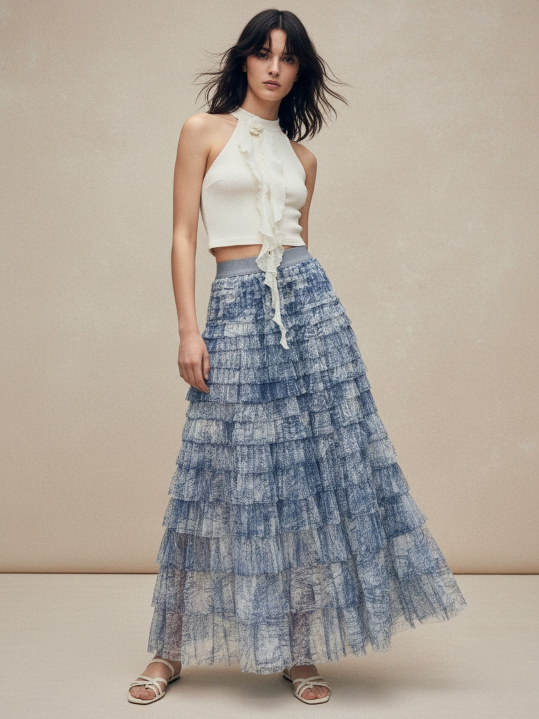 Blue Printed Ombre Coloured Tiered Skirt