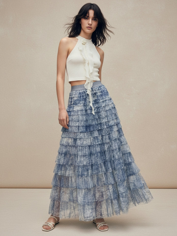 Blue Printed Ombre Coloured Tiered Skirt