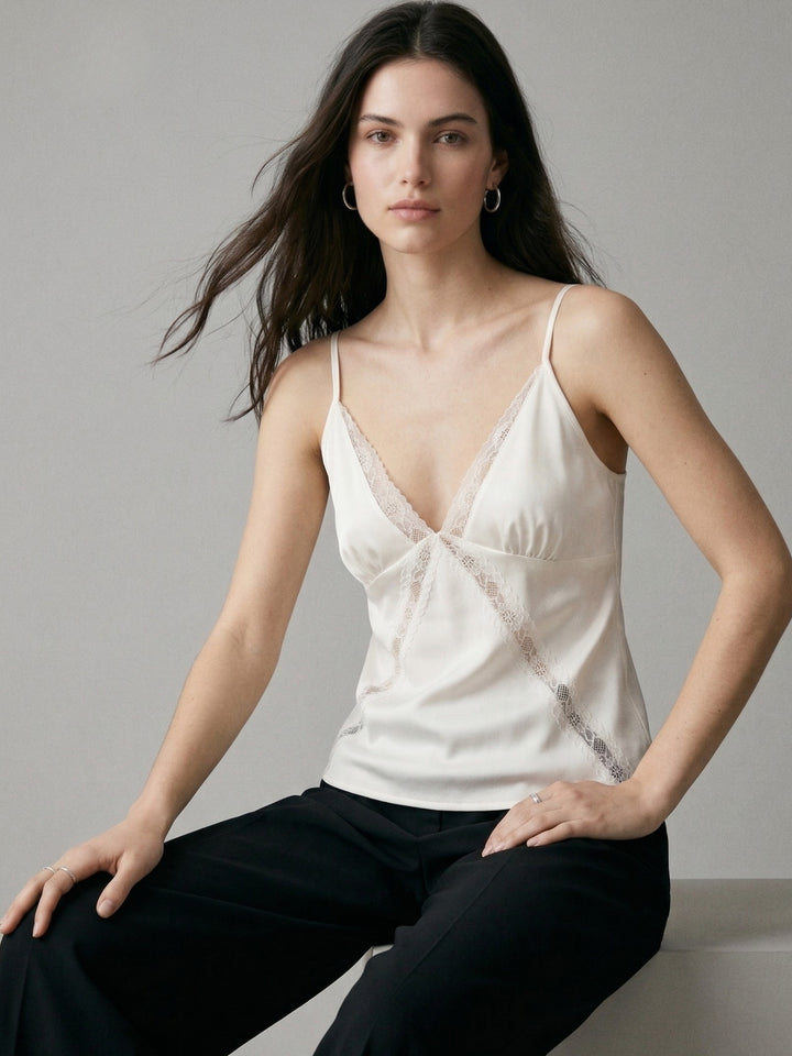 Off White Plunge Neck Camisoles With Criss Cross Lace Insert