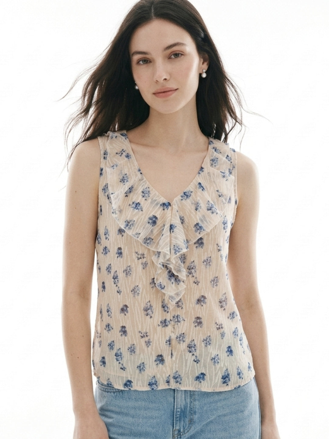 White Printed Ruffles At Neck Blouson