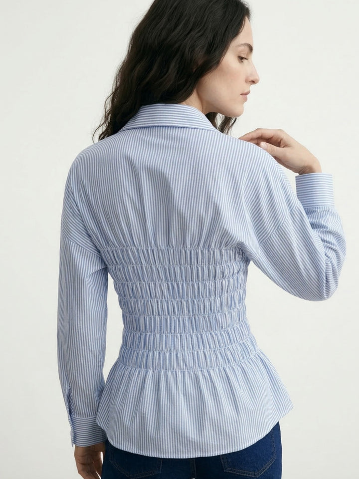 Light Blue Waist Smocked Fitted Collared Shirt
