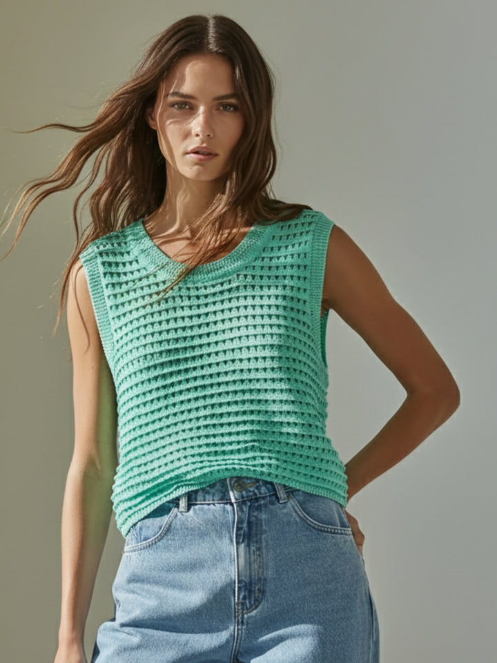 Aqua Sleeveless Crochet Detail Top