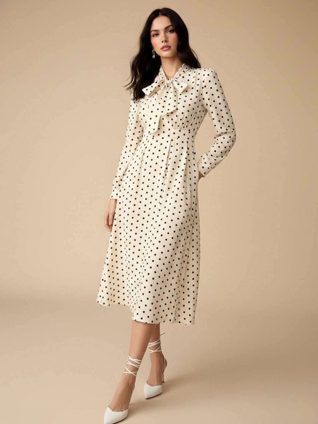Cream Full Sleeves Neck Tie-Up Dress