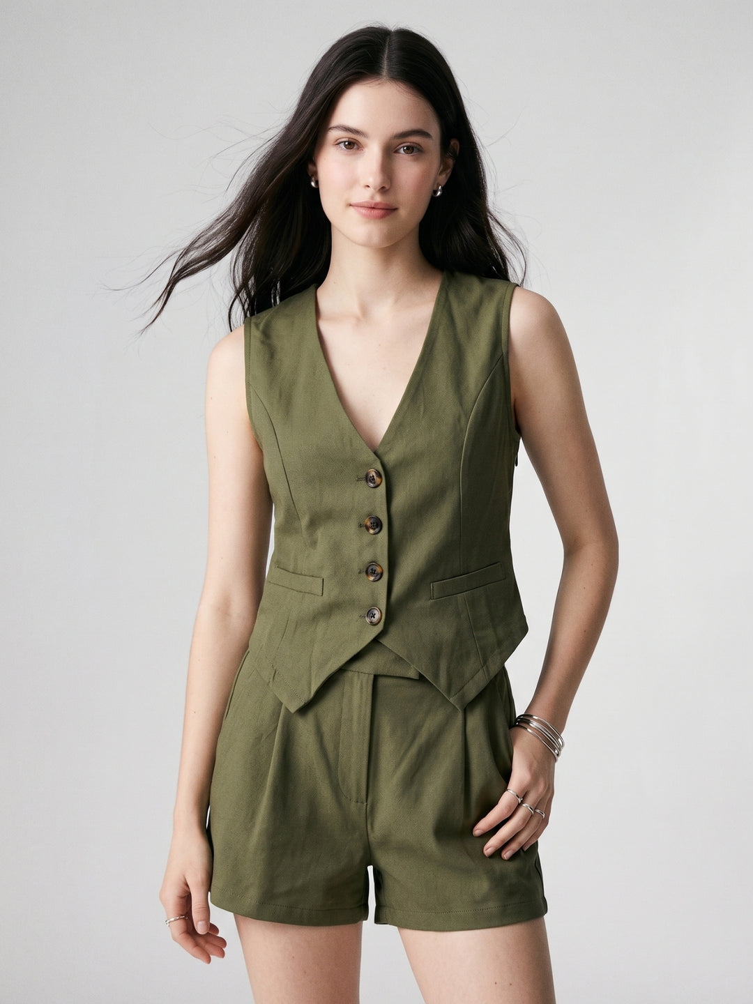 Olive Sleeveless Front Buttoned Vest And Shorts Set