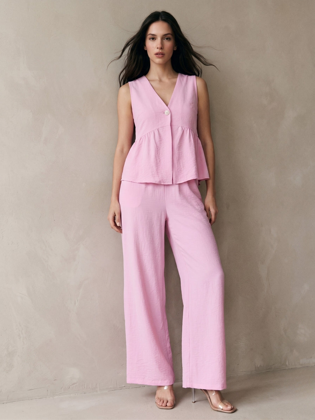 Pink Sleeveless Front Buttoned Top And Pant Set