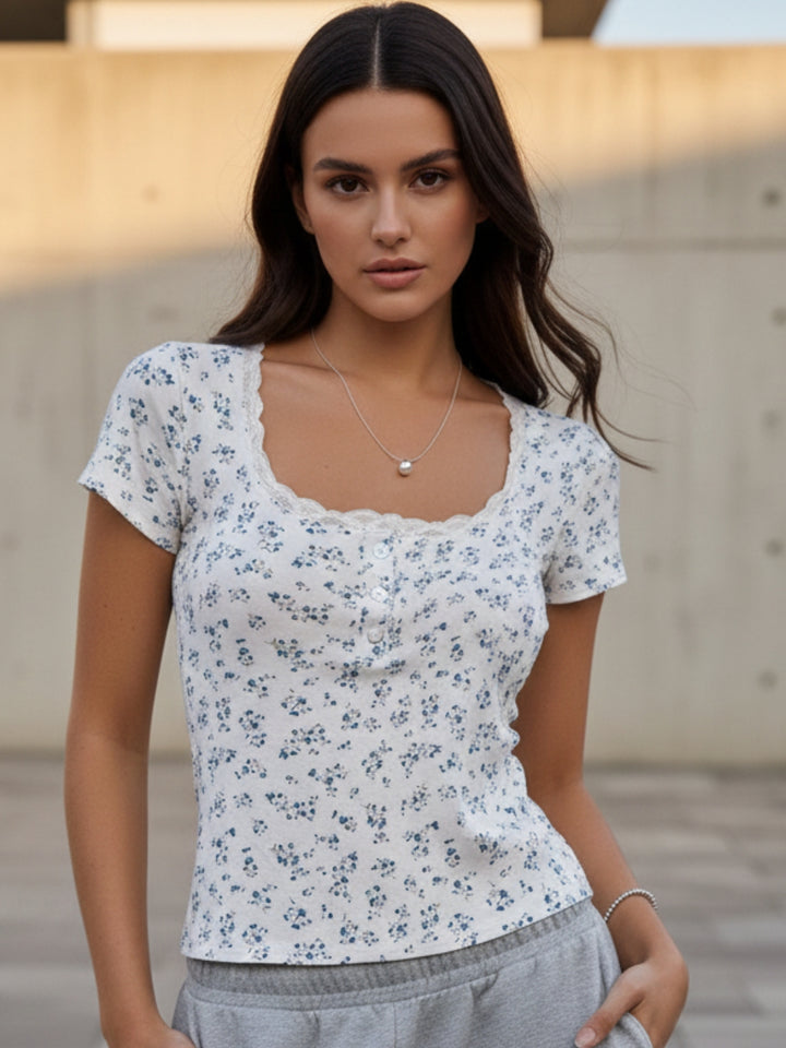 White Short Sleeve Lace Trim Floral Top