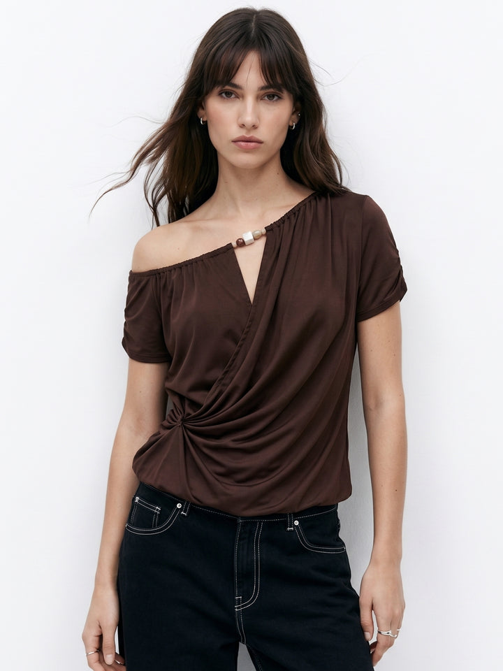Brown Short Sleeve One Shoulder Twisted Detail Top