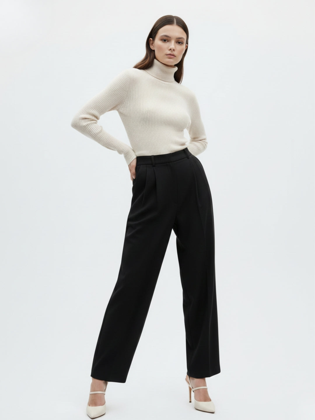 Beige Full Sleeve Turtle Neck Top