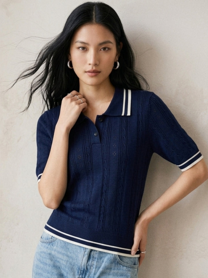 Navy Blue Contrast Striped Half Button Down Polo Top
