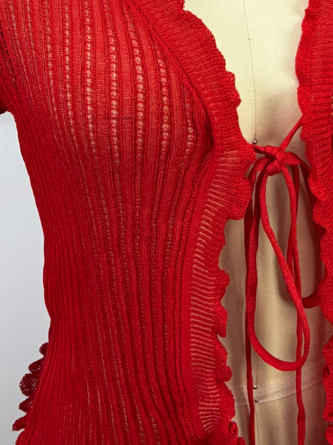 Red Ribbed Textured Front Tie Up Shrug Top