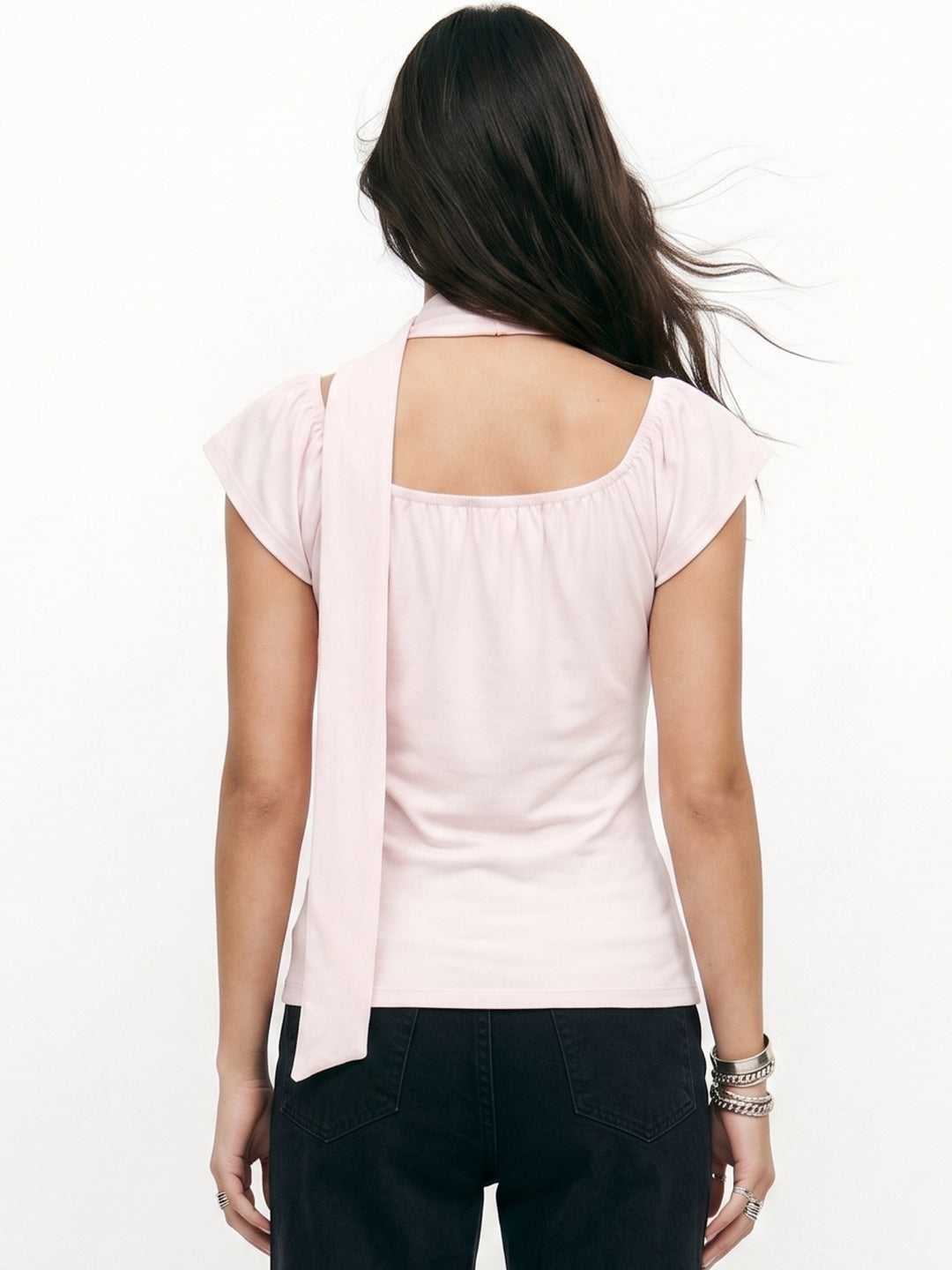 Pink Ruffle Hem Neck Wrap Fitted Top