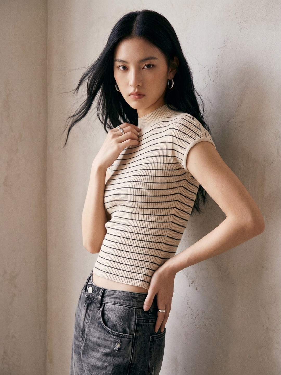 Beige High Neck Striped Tank