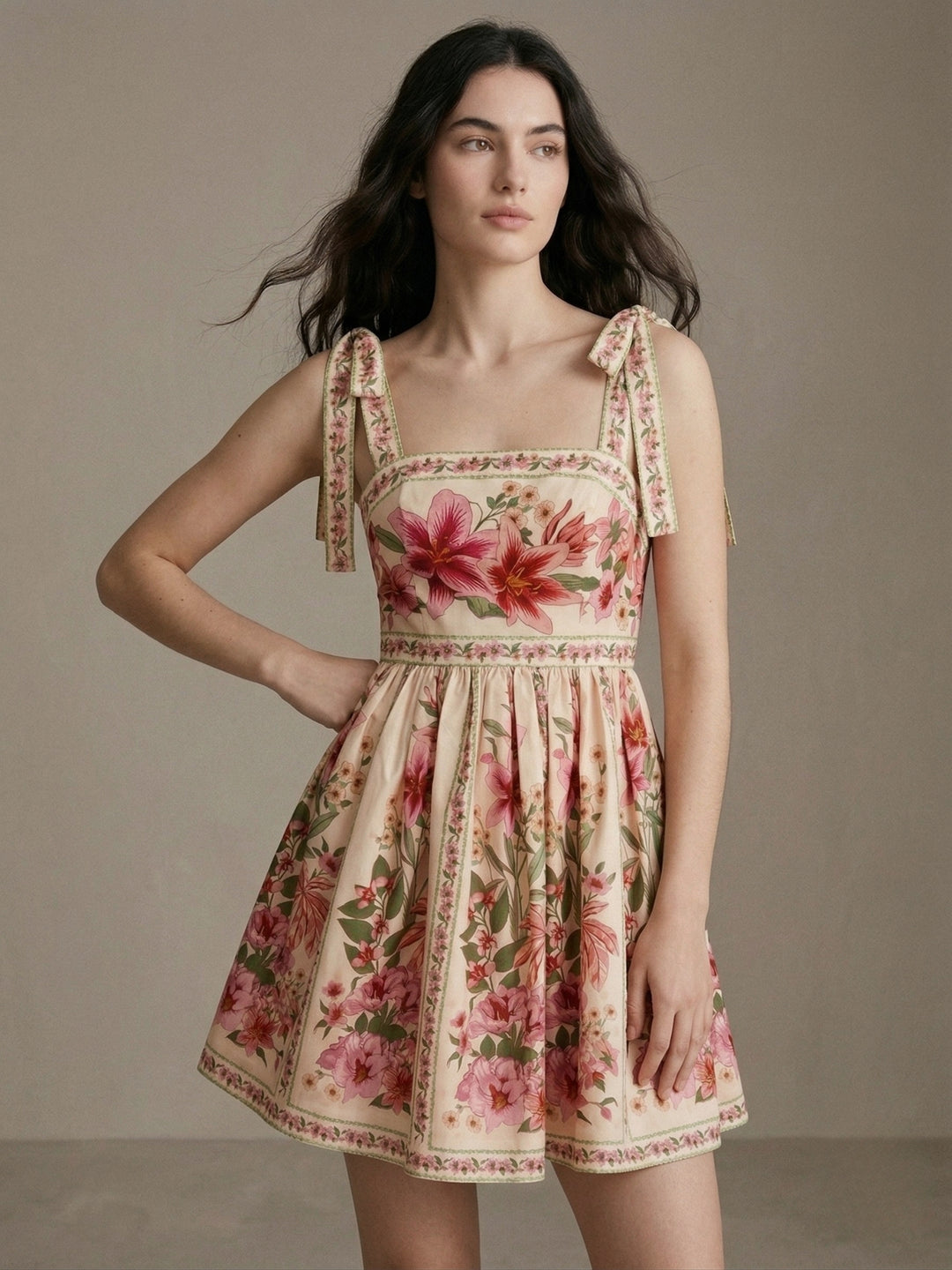 Multi Square Neck Printed Tie Up Straps Dress