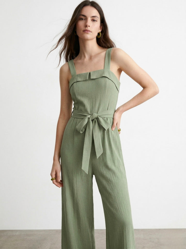 Green Shoulder Strap Waist Tie Up Jumpsuits