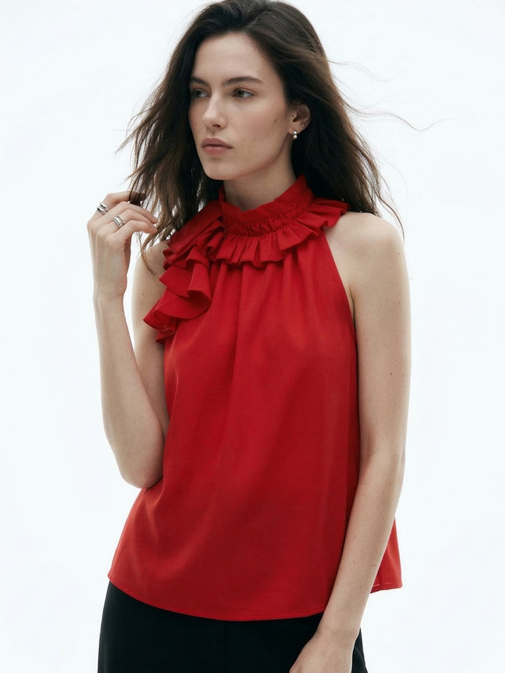 Red Halter Neck Ruffle Detail Top