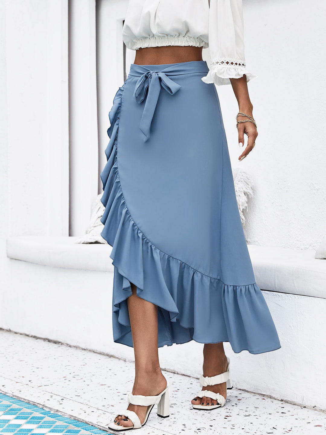 Blue Ruffle Waist Tie Up Skirt