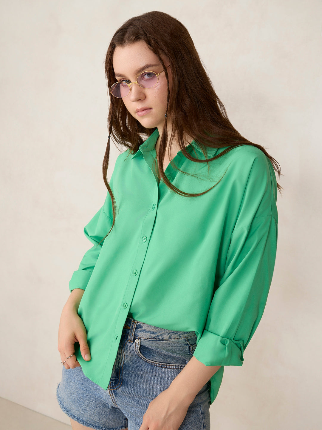 Green Oversized High Low Shirt