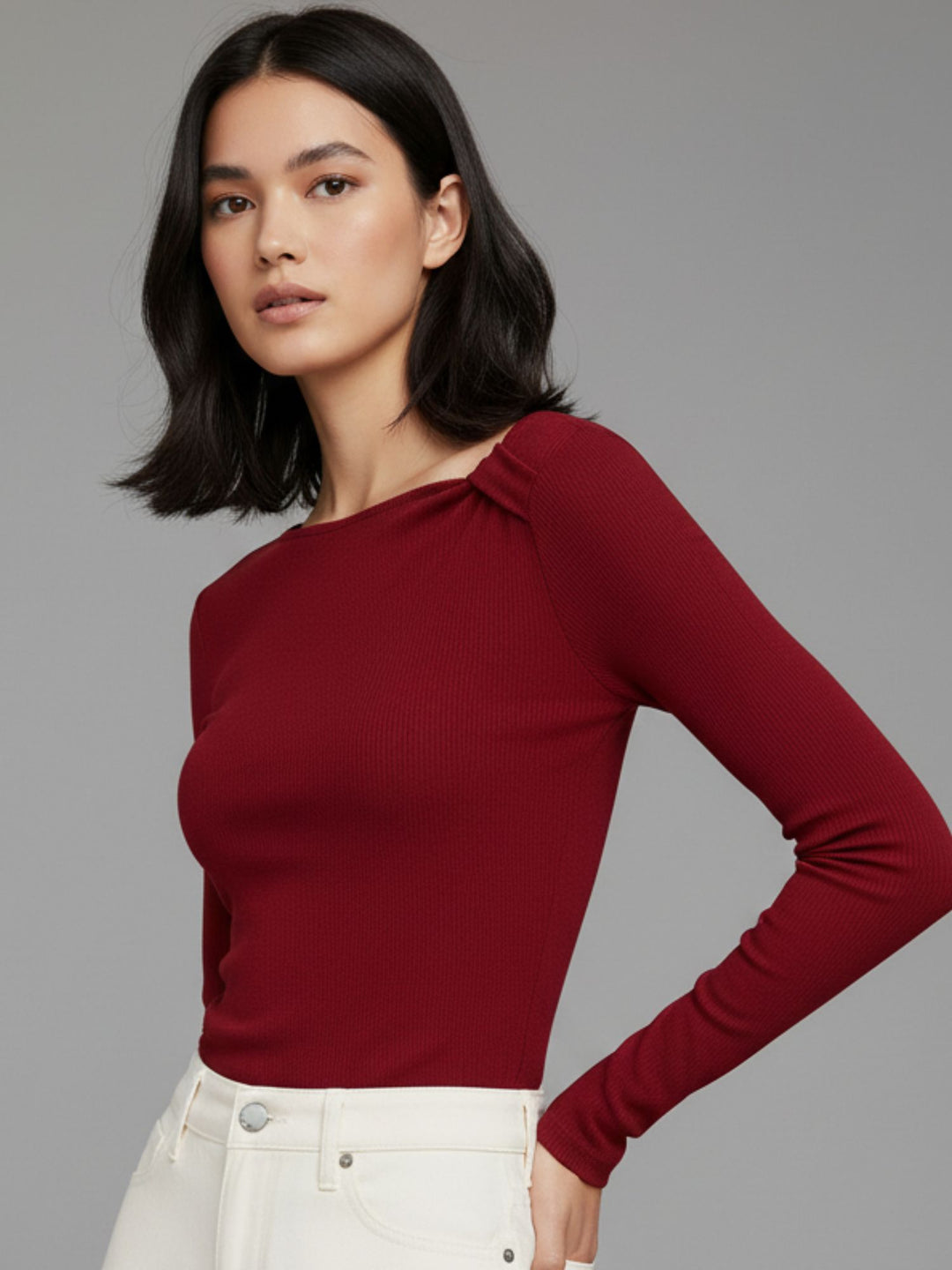 Wine Asymmetric Neckline Solid Top