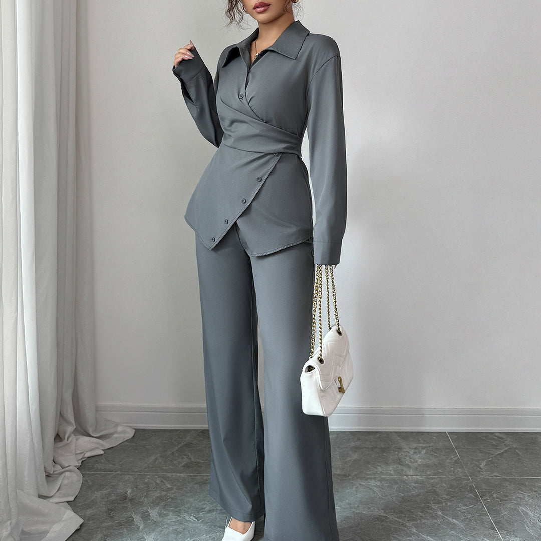 Grey Full Sleeve Wrap Shirt And Pant Set
