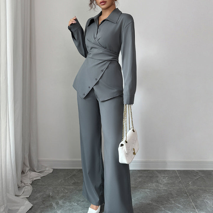 Grey Full Sleeve Wrap Shirt And Pant Set