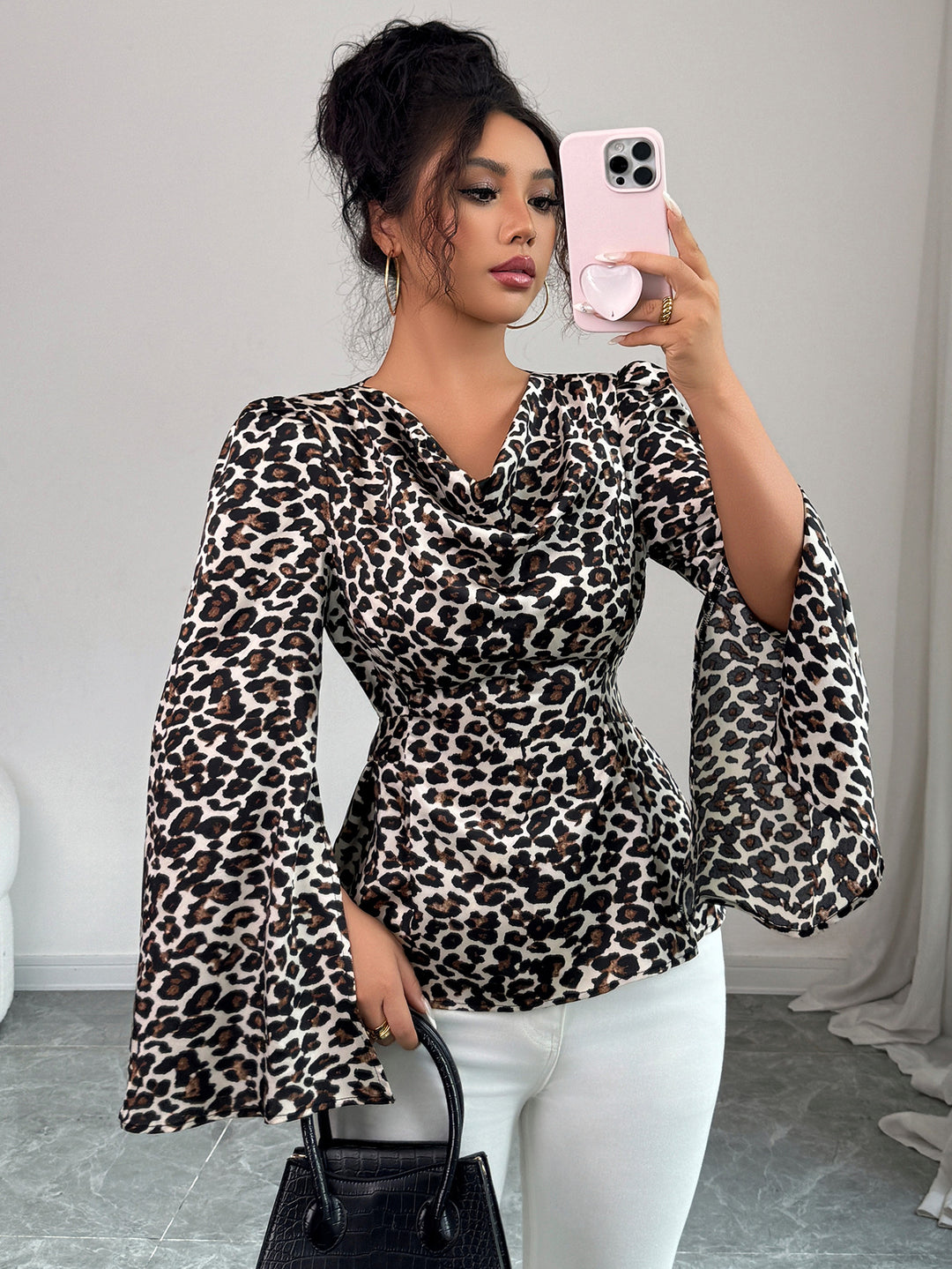 Brown Animal Printed Cowl Neck Top