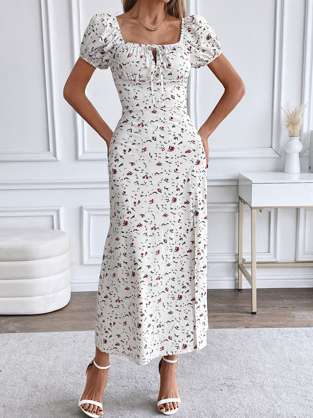 White Corset Printed Dress With Side Slit