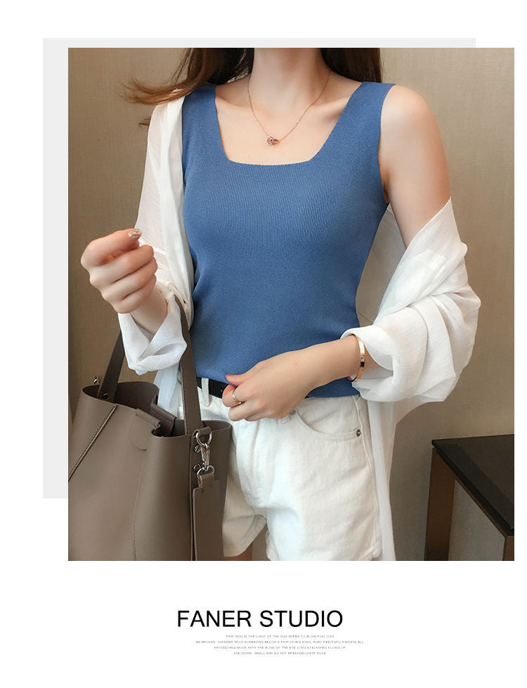 Blue Shoulder Strap Basic Fitted Top