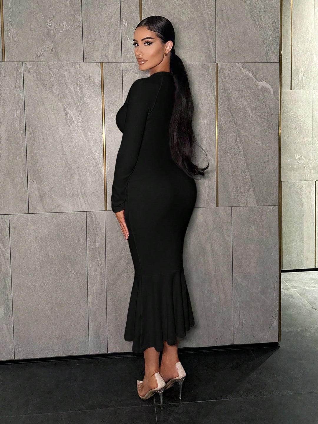 Black Full Sleeve Square Neck Dress