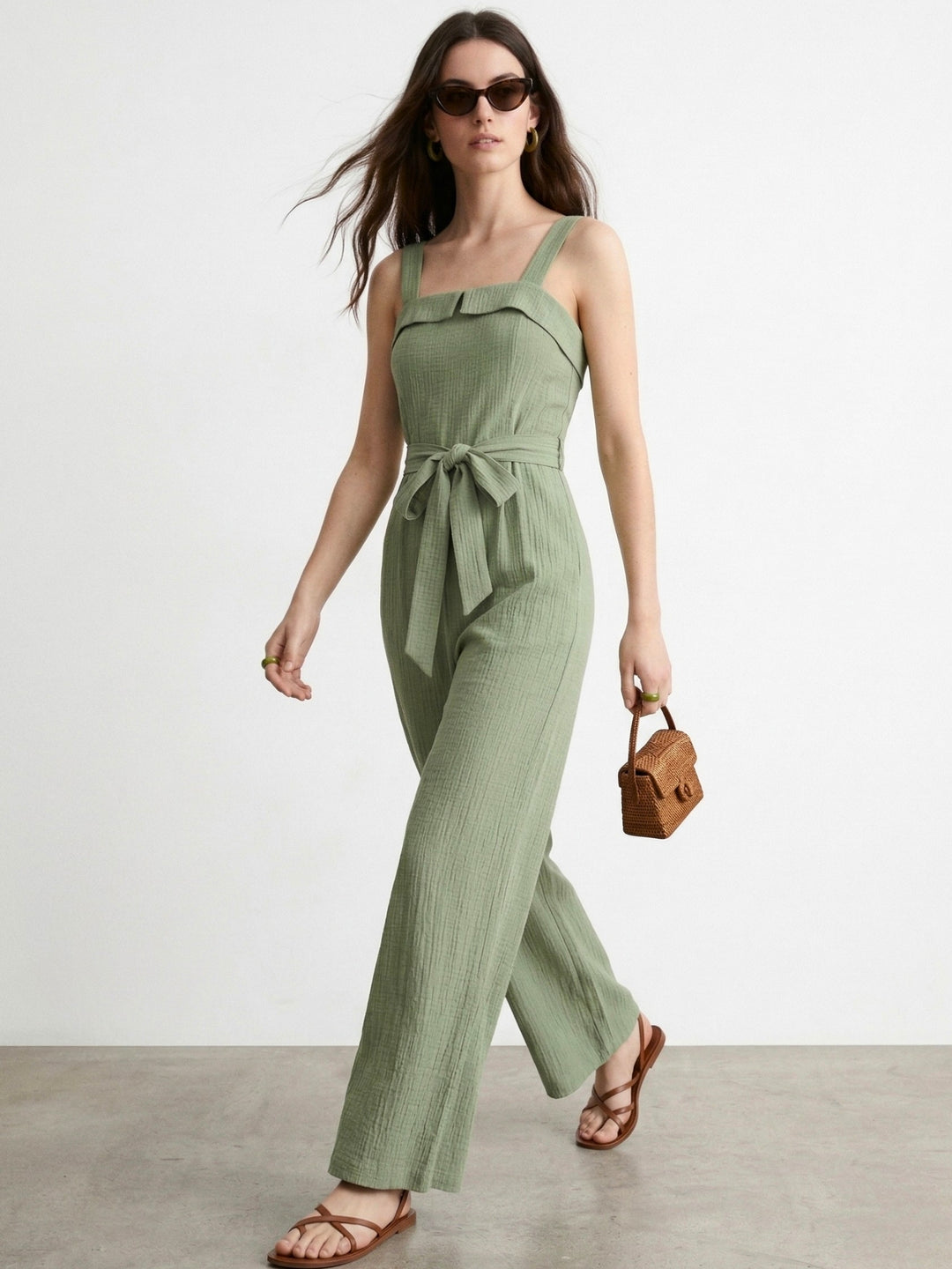 Green Shoulder Strap Waist Tie Up Jumpsuits