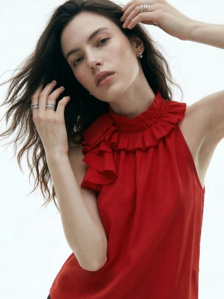 Red Halter Neck Ruffle Detail Top