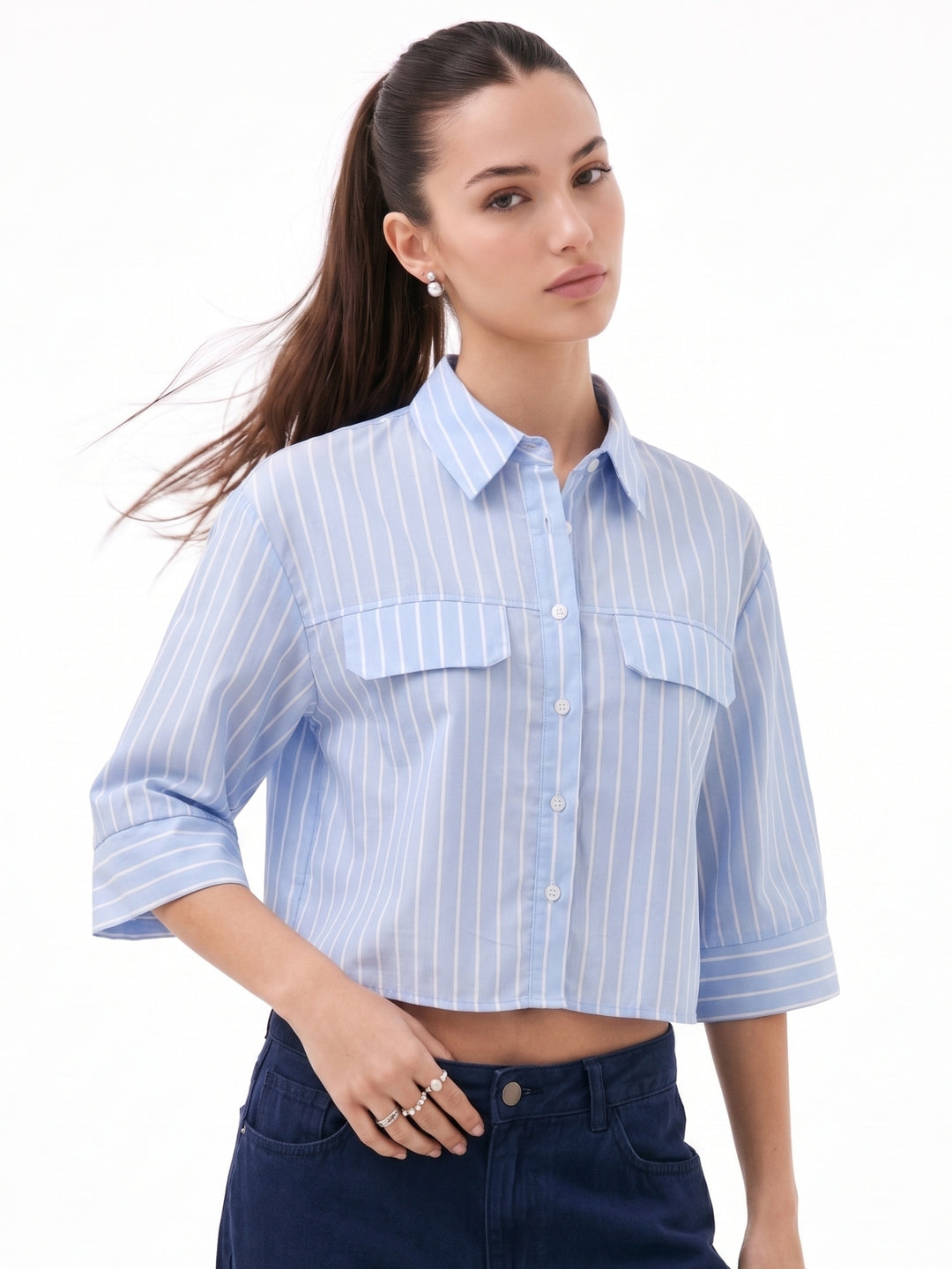 Blue Front Buttoned Striped Top