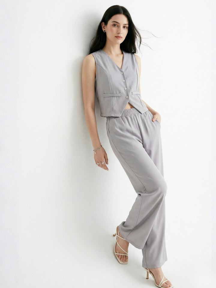 Grey Button Down Sleeveless Vest Top And Trousers Co-Ord Set