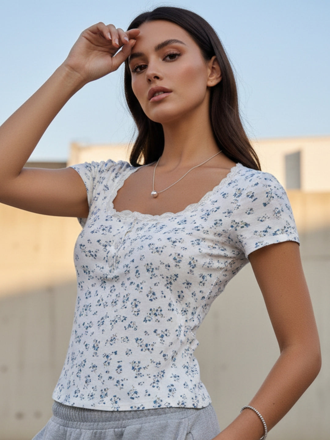 White Short Sleeve Lace Trim Floral Top