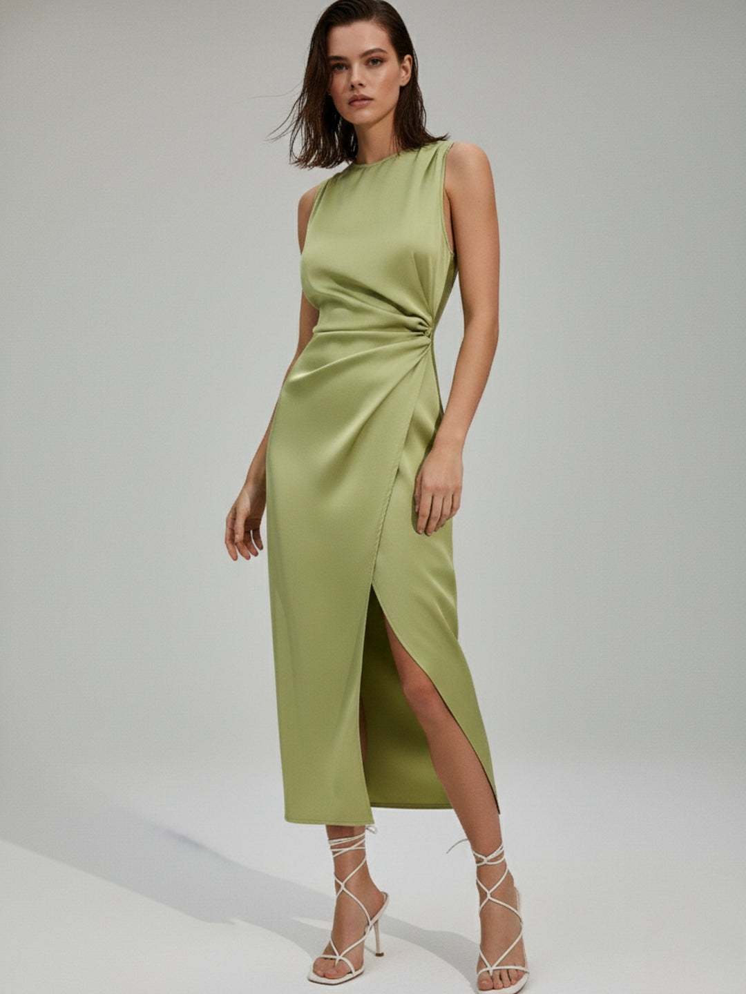 Green High Neck Semi Cowl Neck Dress