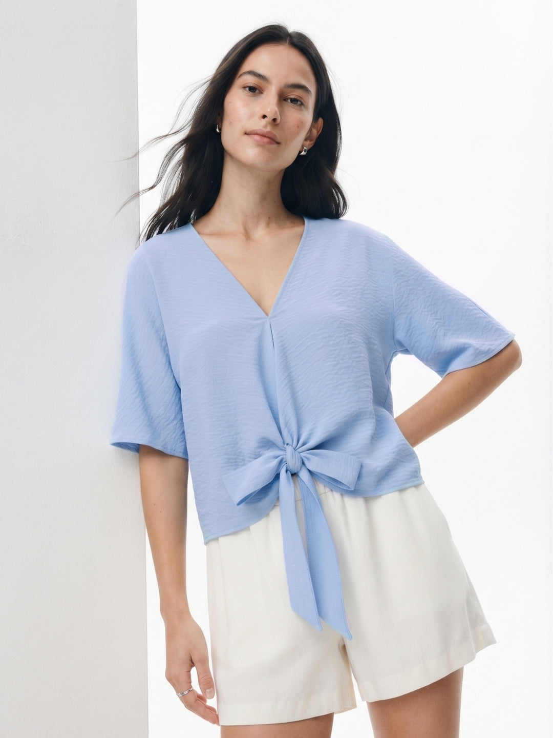 Blue Waist Tie-Up Relaxed Top