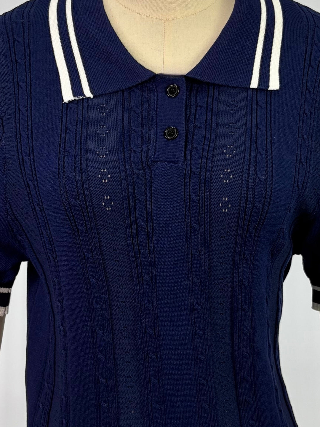 Navy Blue Contrast Striped Half Button Down Polo Top
