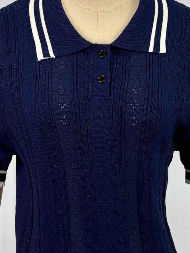 Navy Blue Contrast Striped Half Button Down Polo Top
