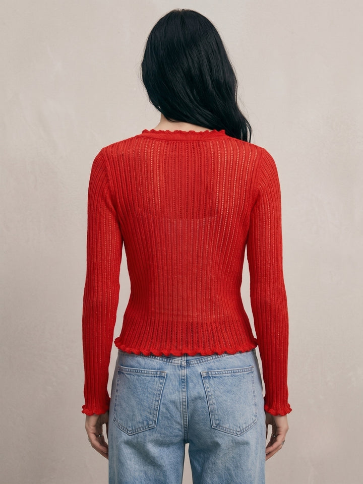 Red Ribbed Textured Front Tie Up Shrug Top