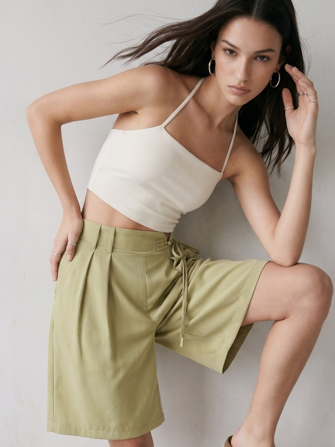 Green High Waist Pleated Shorts