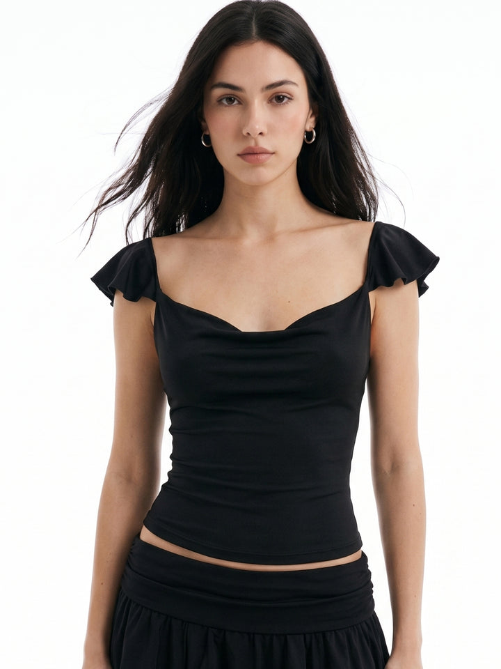 Black Ruffle Sleeve Cowl Neck Top