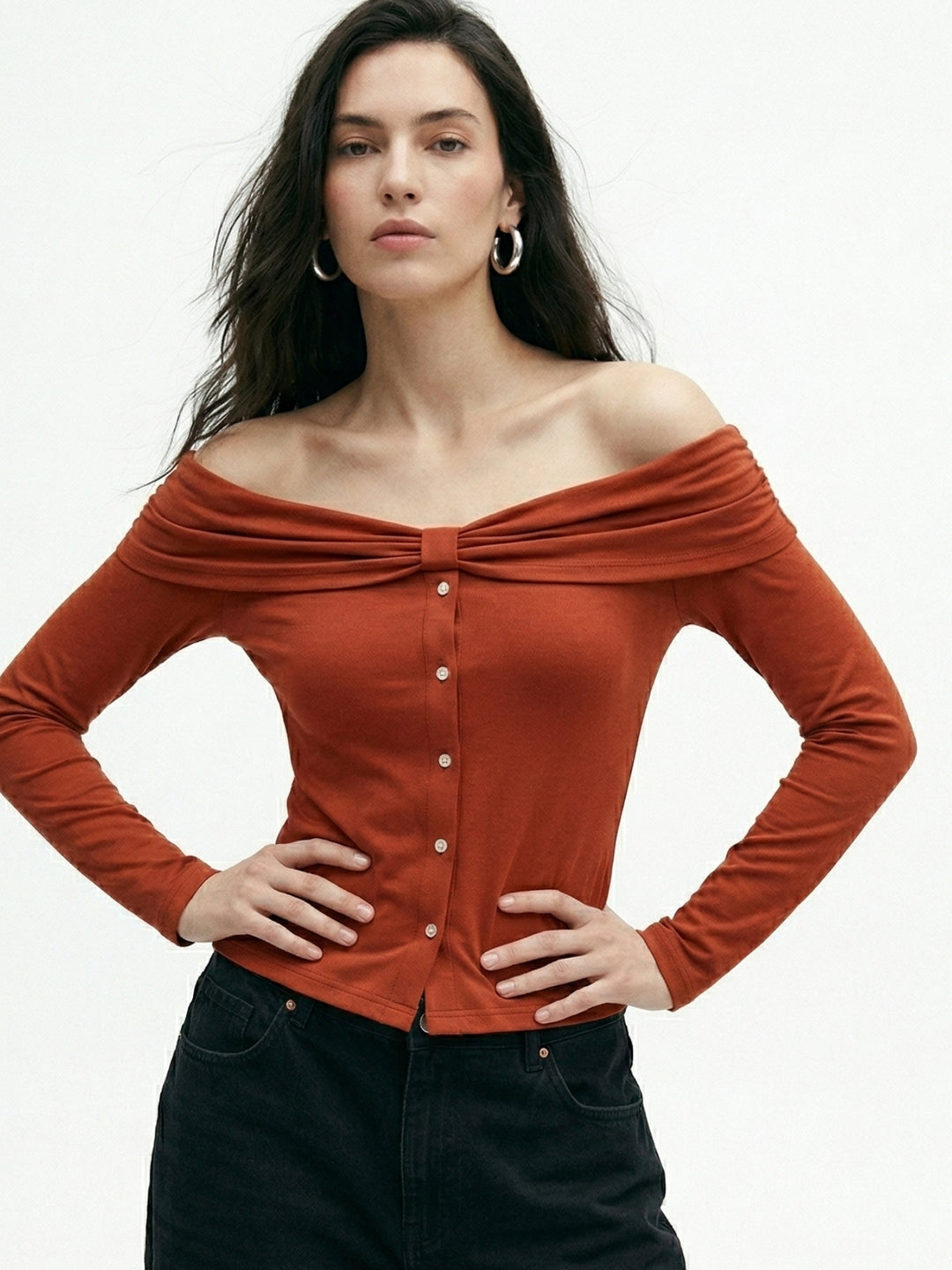 Rust Off Shoulder Front Buttoned Top