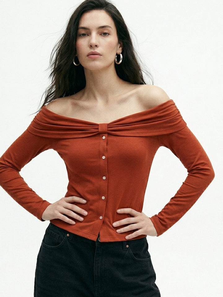 Rust Off Shoulder Front Buttoned Top