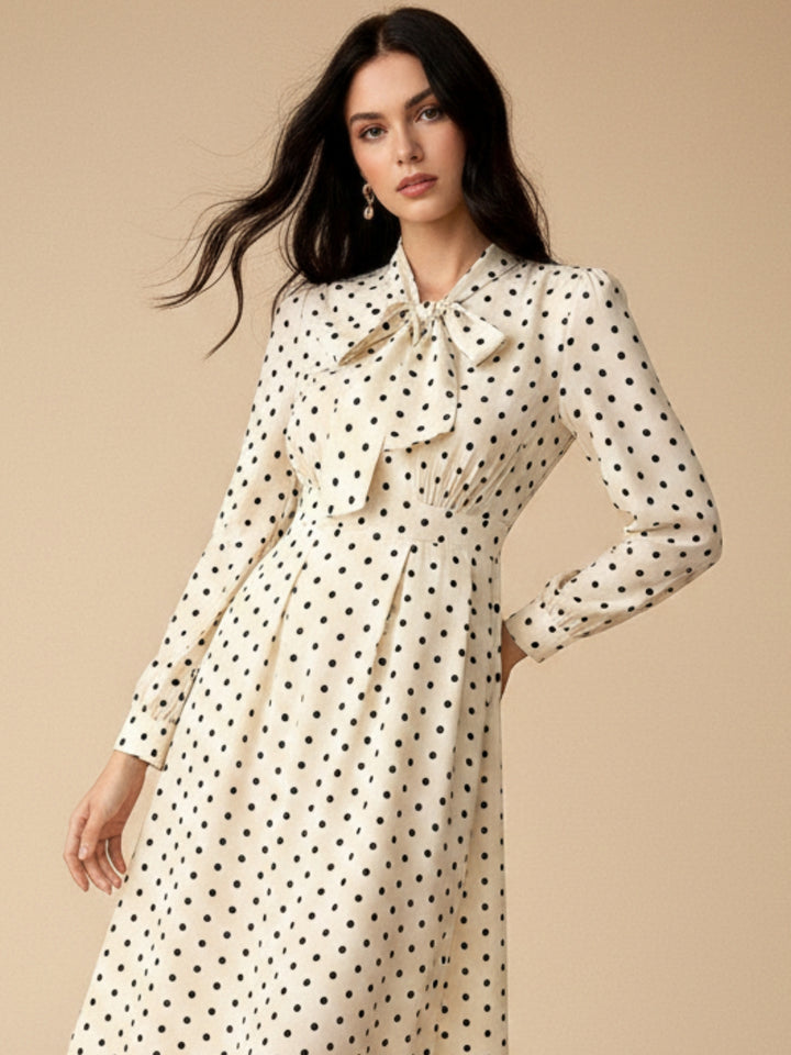 Cream Full Sleeves Neck Tie-Up Dress
