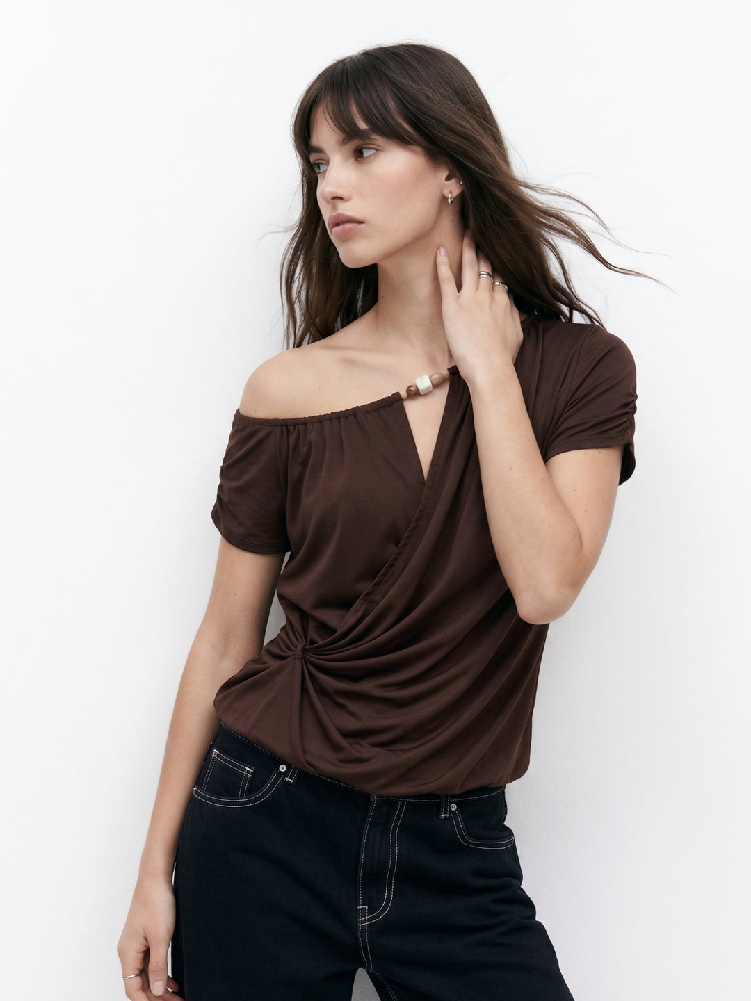 Brown Short Sleeve One Shoulder Twisted Detail Top