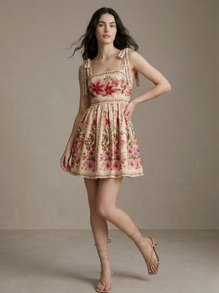 Multi Square Neck Printed Tie Up Straps Dress