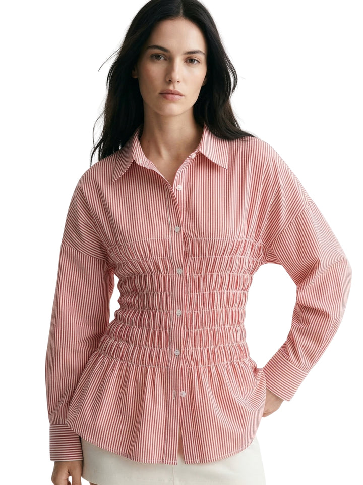 Pink Waist Smocked Fitted Collared Shirt