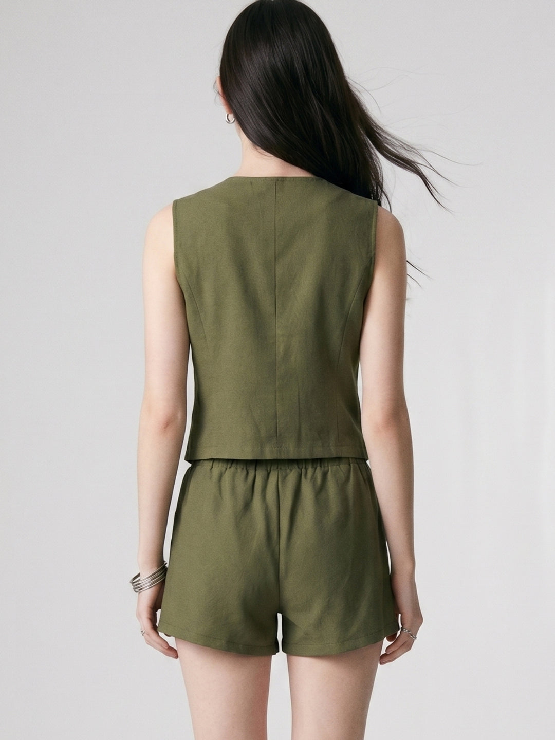 Olive Sleeveless Front Buttoned Vest And Shorts Set