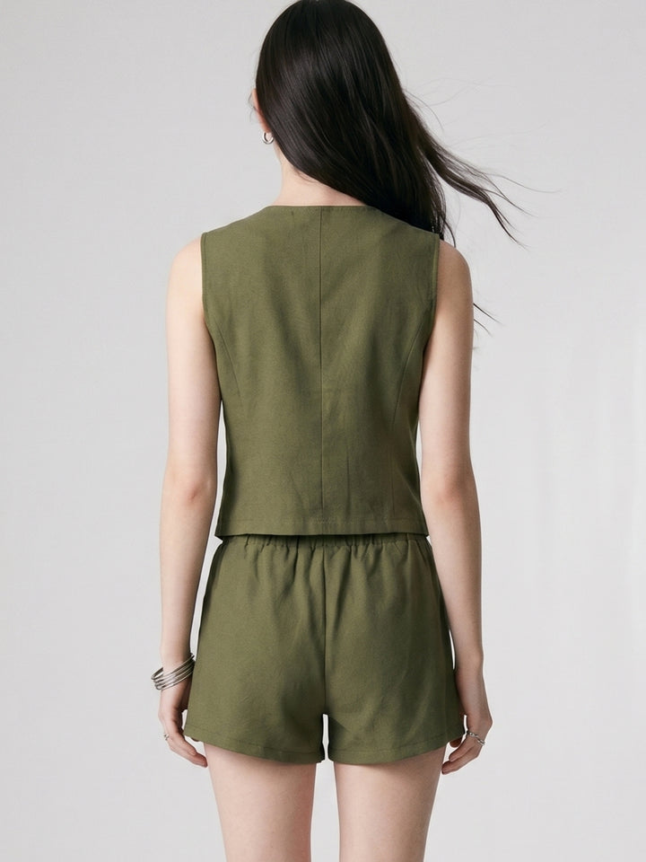 Olive Sleeveless Front Buttoned Vest And Shorts Set